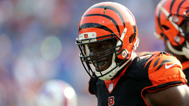 Cincinnati Bengals defensive end Carl Lawson (58) smiles after a sack in the second quarter during the Week 3 NFL preseason game between the Cincinnati Bengals and the Buffalo Bills, Sunday, Aug. 26, 2018, at New Era Stadium in Orchard Park, New York. Cincinnati Bengals At Buffalo Bills Preseason Game Aug 26