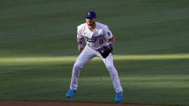 Jul 15, 2020; Los Angeles, California, United States; Los Angeles Dodgers second baseman Gavin Lux (9) during an intrasquad game at Dodger Stadium. Mandatory Credit: Kirby Lee-USA TODAY Sports