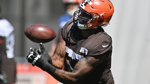 Aug 20, 2020; Berea, Ohio, USA; Cleveland Browns offensive tackle Alex Taylor (67) catches a punt during training camp at the Cleveland Browns training facility. Mandatory Credit: Ken Blaze-USA TODAY Sports