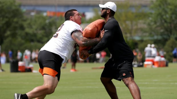 Cincinnati Bengals offensive guard Alex Redmond (62) works out individually during Cincinnati Bengals training camp practice, Wednesday, July 31, 2019, at the practice fields next to Paul Brown Stadium in Cincinnati. Cincinnati Bengals Training Camp July 31