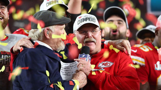 Feb 2, 2020; Miami Gardens, Florida, USA; Kansas City Chiefs head coach Andy Reid (right) is interviewed by Terry Bradshaw after defeating the San Francisco 49ers in Super Bowl LIV at Hard Rock Stadium. Mandatory Credit: Mark J. Rebilas-USA TODAY Sports