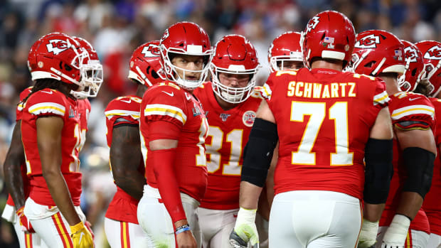 Feb 2, 2020; Miami Gardens, Florida, USA; Kansas City Chiefs quarterback Patrick Mahomes (15) looks to the sidelines while in the huddle during the first quarter against the San Francisco 49ers in Super Bowl LIV at Hard Rock Stadium. Mandatory Credit: Matthew Emmons-USA TODAY Sports