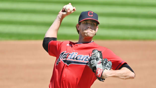 Sep 6, 2020; Cleveland, Ohio, USA; Cleveland Indians starting pitcher Shane Bieber (57) throws a pitch during the first inning against the Milwaukee Brewers at Progressive Field.