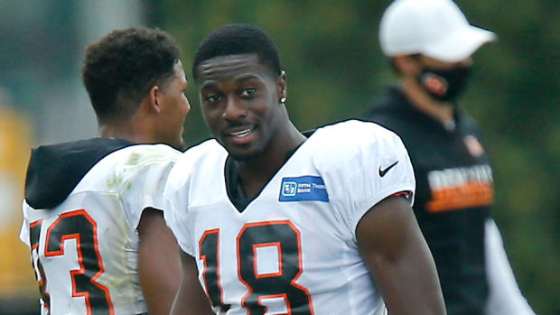 Aug 27, 2020; Cincinnati, Ohio, USA; Cincinnati Bengals wide receiver A.J. Green (18) during training camp at the teams practice facility. Mandatory Credit: Joseph Maiorana-USA TODAY Sports