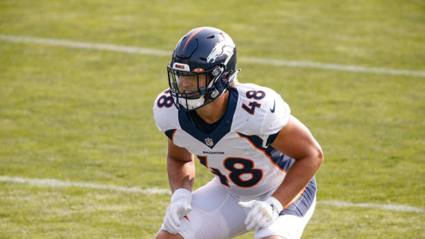 Denver Broncos linebacker Derrek Tuszka (48) during training camp at the UCHealth Training Center.
