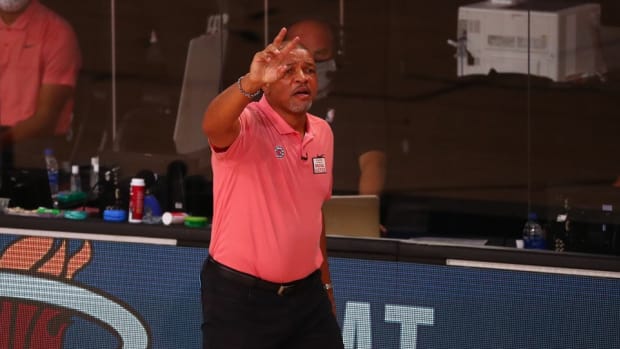 Los Angeles Clippers coach Doc Rivers gestures from the sidelines during Game 7 vs. the Denver Nuggets in the 2020 NBA Playoffs at ESPN Wide World of Sports Complex.