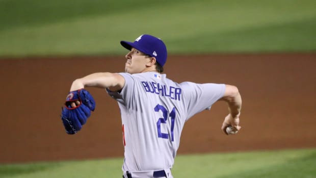 Sep 8, 2020; Phoenix, Arizona, USA; Los Angeles Dodgers pitcher Walker Buehler against the Arizona Diamondbacks at Chase Field. Mandatory Credit: Mark J. Rebilas-USA TODAY Sports