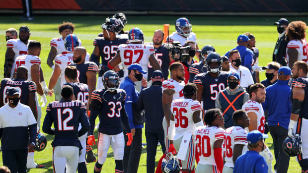 Sep 20, 2020; Chicago, Illinois, USA; The Bears and Giants shake hands after the game at Soldier Field.