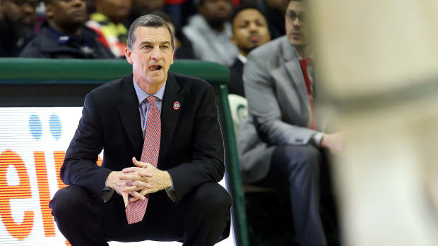 Jan 21, 2019; East Lansing, MI, USA; Maryland Terrapins head coach Mark Turgeon swats on the court during the first half of a game against the Michigan State Spartans at the Breslin Center. Mandatory Credit: Mike Carter-USA TODAY Sports