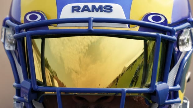 Aug 18, 2020; Thousand Oaks California, USA; A general view of a reflection in the Oakley visor of the Los Angeles Rams helmet of running back Cam Akers during training camp at Cal Lutheran University.