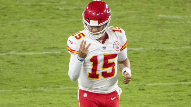 Sep 28, 2020; Baltimore, Maryland, USA; Kansas City Chiefs quarterback Patrick Mahomes (15) reacts after throwing a fourth quarter touchdown against the Baltimore Ravens at M&T Bank Stadium. Mandatory Credit: Tommy Gilligan-USA TODAY Sports