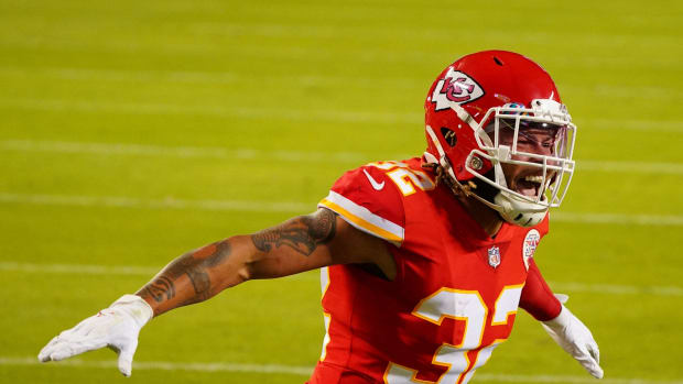 Oct 5, 2020; Kansas City, Missouri, USA; Kansas City Chiefs strong safety Tyrann Mathieu (32) reacts against the New England Patriots during the second half of a NFL game at Arrowhead Stadium. Mandatory Credit: Jay Biggerstaff-USA TODAY Sports