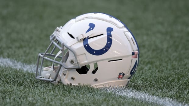 An Indianapolis Colts helmet during warm-ups before a recent game.