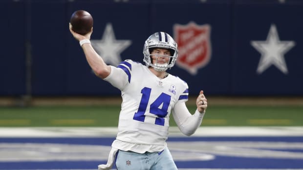 Oct 11, 2020; Arlington, Texas, USA; Dallas Cowboys quarterback Andy Dalton (14) throws a pass in the fourth quarter against the New York Giants at AT&T Stadium. Mandatory Credit: Tim Heitman-USA TODAY Sports