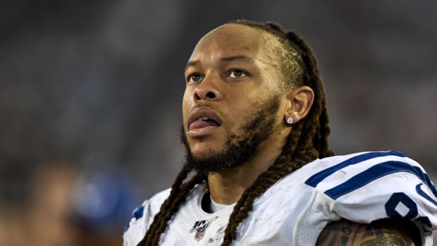 Dec 29, 2019; Jacksonville, Florida, USA; Indianapolis Colts defensive end Jabaal Sheard (93) looks on during the fourth quarter against the Jacksonville Jaguars at TIAA Bank Field.