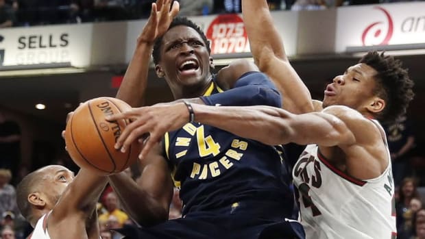 Indiana Pacers shooting guard Victor Oladipo drives to the basket vs. the Milwaukee Bucks.