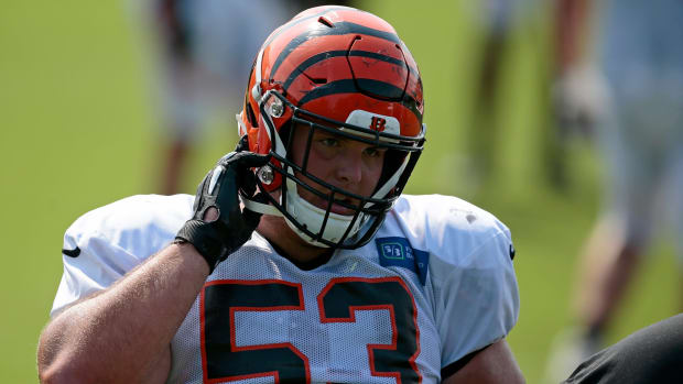 Cincinnati Bengals center Billy Price (53) cools off after a drill during a training camp practice at the Paul Brown Stadium practice field in downtown Cincinnati on Monday, Aug. 24, 2020. Cincinnati Bengals Training Camp
