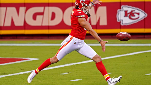 Sep 10, 2020; Kansas City, Missouri, USA; Kansas City Chiefs punter Tommy Townsend warms up before the game against the Houston Texans at Arrowhead Stadium. Mandatory Credit: Denny Medley-USA TODAY Sports
