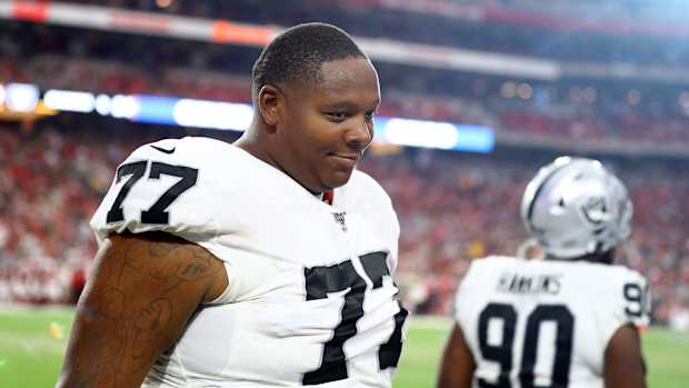 Oakland Raiders tackle Trent Brown (77) during a preseason game against the Arizona Cardinals at State Farm Stadium.