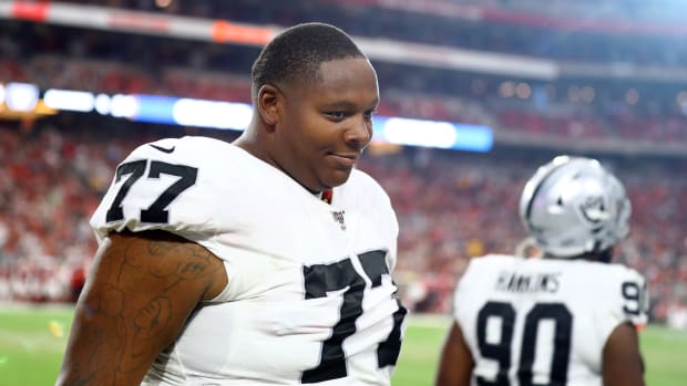 Oakland Raiders tackle Trent Brown during a preseason game against the Arizona Cardinals at State Farm Stadium.