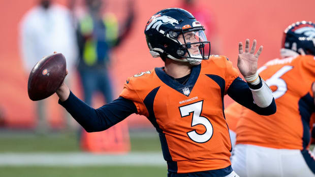 Denver Broncos quarterback Drew Lock (3) attempts a pass in the third quarter against the Los Angeles Chargers at Empower Field at Mile High.