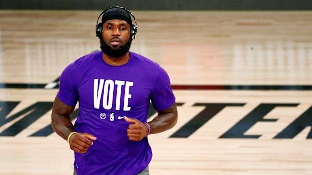 Los Angeles Lakers forward LeBron James (23) during warmups before game six of the 2020 NBA Finals against the Miami Heat at AdventHealth Arena.