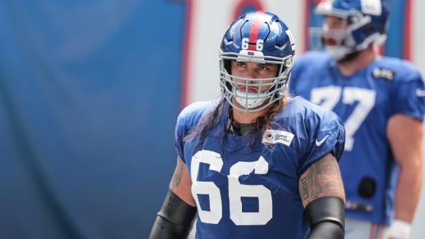 Sep 3, 2020; East Rutherford, New Jersey, USA; New York Giants guard Shane Lemieux (66) during the Blue-White Scrimmage at MetLife Stadium.