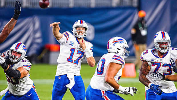 Josh Allen throws a pass from the pocket during the 2020 season