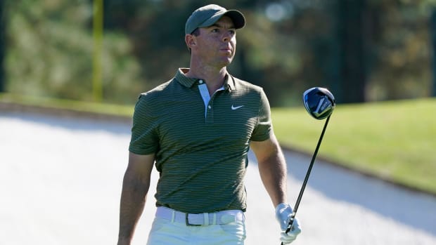 Rory McIlroy looks on after teeing off on the 3rd tee during the second round of The Masters golf tournament at Augusta National GC.