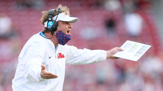 Ole Miss Rebels head coach Lane Kiffin reacts to a call during the fourth quarter against the Arkansas Razorbacks at Donald W. Reynolds Razorback Stadium. Arkansa won 33-21. Mandatory Credit: Nelson Chenault-USA TODAY Sports