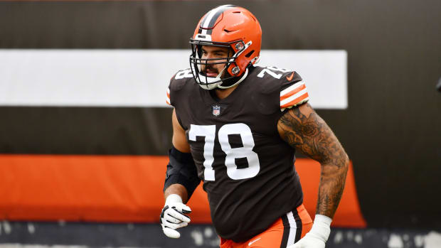 Oct 11, 2020; Cleveland, Ohio, USA; Cleveland Browns offensive tackle Jack Conklin (78) is introduced before the game between the Cleveland Browns and the Indianapolis Colts at FirstEnergy Stadium. Mandatory Credit: Ken Blaze-USA TODAY Sports