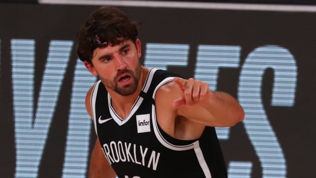 Brooklyn Nets forward Joe Harris (12) reacts after a shot during the first half in game one of the first round of the 2020 NBA Playoffs
