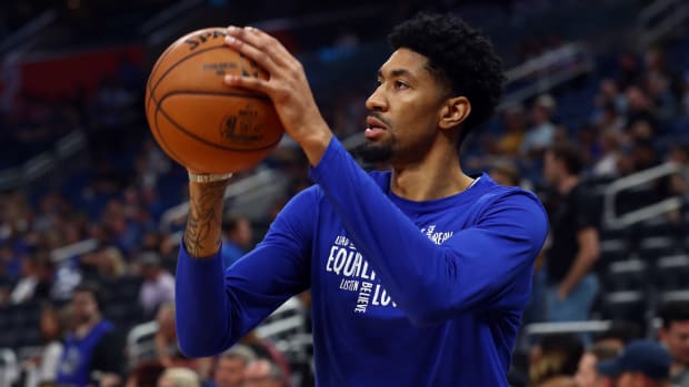 Detroit Pistons forward Christian Wood (35) works out prior to the game against the Orlando Magic at Amway Center.