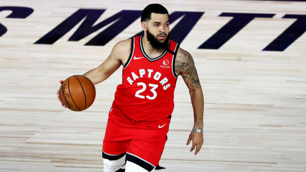 Sep 7, 2020; Lake Buena Vista, Florida, USA; Toronto Raptors guard Fred VanVleet (23) dribbles the ball against the Boston Celtics during the first half of game five of the second round in the 2020 NBA Playoffs at ESPN Wide World of Sports Complex.