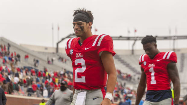 Mississippi Rebels quarterback Matt Corral (2) after the game against the Auburn Tigers at Vaught-Hemingway Stadium. Mandatory Credit: Justin Ford-USA TODAY Sports