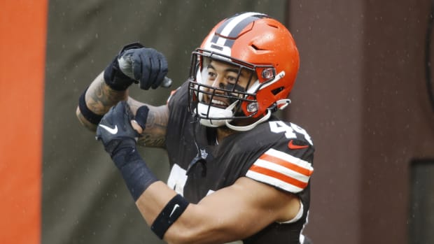 Nov 22, 2020; Cleveland, Ohio, USA; Cleveland Browns linebacker Sione Takitaki (44) is introduced before the game between the Cleveland Browns and the Philadelphia Eagles at FirstEnergy Stadium. Mandatory Credit: Scott Galvin-USA TODAY Sports