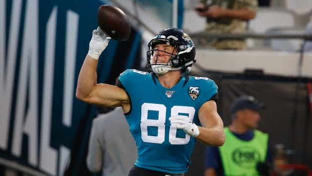 Jacksonville Jaguars tight end Seth DeValve (88) during pregame against the Tennessee Titans at TIAA Bank Field.