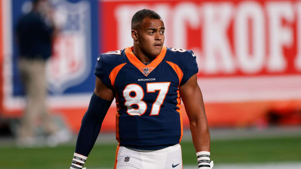 Denver Broncos tight end Noah Fant (87) before the game against the Tennessee Titans at Empower Field at Mile High.