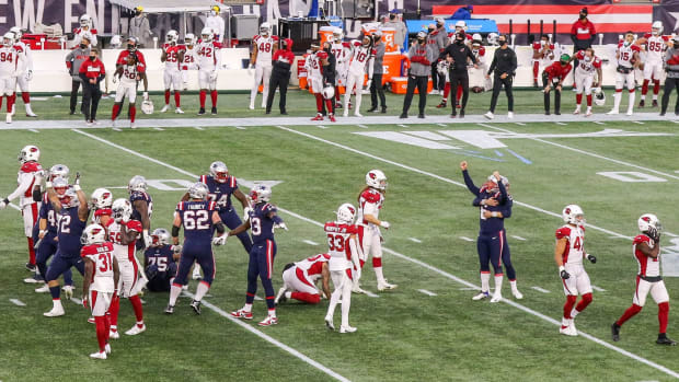 New England Patriots kicker Nick Folk (6) reacts after kicking the game winning field goal against the Arizona Cardinals during the second half at Gillette Stadium.