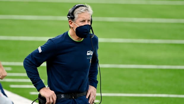 Nov 15, 2020; Inglewood, California, USA; Seattle Seahawks head coach Pete Carroll walks along the sideline during the first half against the Los Angeles Rams at SoFi Stadium.