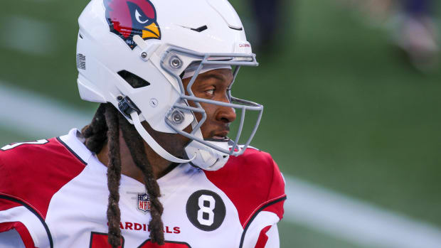 Arizona Cardinals receiver DeAndre Hopkins (10) reacts prior to the game against the New England Patriots at Gillette Stadium.