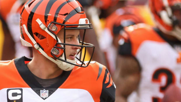 Nov 22, 2020; Landover, Maryland, USA; Cincinnati Bengals quarterback Joe Burrow (9) stands on the field during warmups prior to the Bengals' game against the Washington Football Team at FedExField. Mandatory Credit: Geoff Burke-USA TODAY Sports