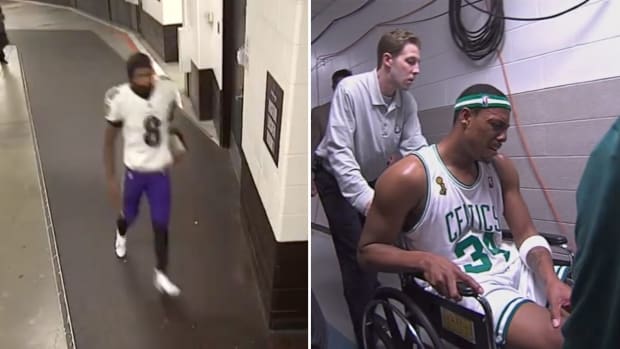 Side-by-side image of Lamar Jackson running to the locker room and Paul Pierce being taken to the locker room in a wheelchair