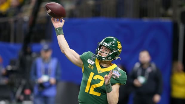 Jan 1, 2020; New Orleans, Louisiana, USA; Baylor Bears quarterback Charlie Brewer (12) makes a throw in the second half against the Georgia Bulldogs in the Sugar Bowl at the Mercedes-Benz Superdome.