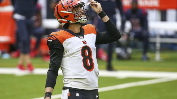 Dec 27, 2020; Houston, Texas, USA; Cincinnati Bengals quarterback Brandon Allen (8) reacts after a play against the Houston Texans during the fourth quarter at NRG Stadium. Mandatory Credit: Troy Taormina-USA TODAY Sports