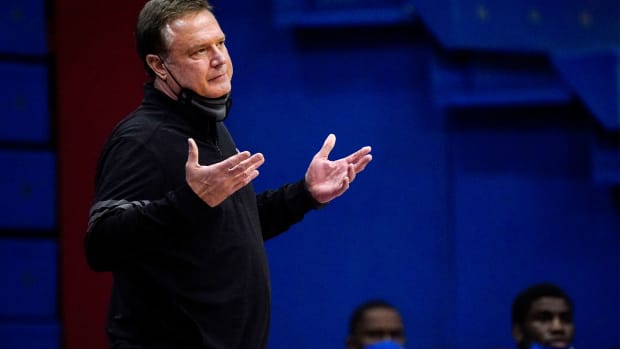 Jan 2, 2021; Lawrence, Kansas, USA; Kansas Jayhawks head coach Bill Self reacts to a play against the Texas Longhorns during the first half at Allen Fieldhouse.