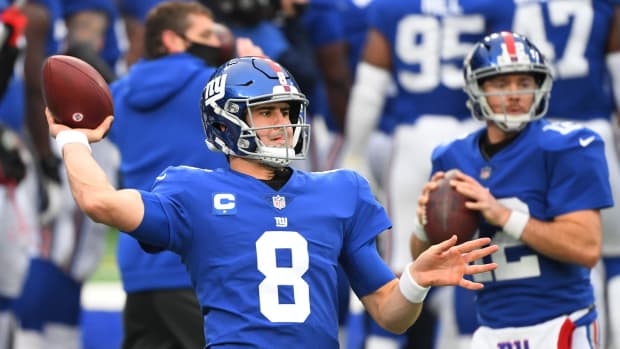 Jan 3, 2021; East Rutherford, New Jersey, USA; New York Giants quarterback Daniel Jones (8) before the game against the Dallas Cowboys at MetLife Stadium.