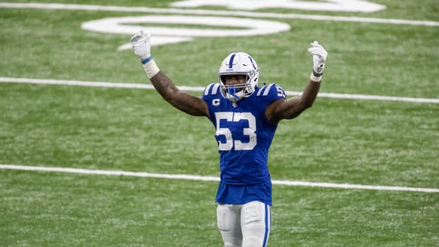 Indianapolis Colts linebacker Darius Leonard urges the Lucas Oil Stadium crowd to make some noise during Sunday's Week 17 home win over the Jacksonville Jaguars.