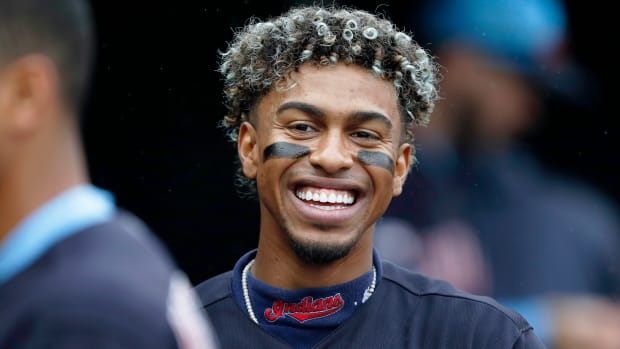 Jun 16, 2019; Detroit, MI, USA; Cleveland Indians shortstop Francisco Lindor (12) smiles in the dugout during the third inning against the Detroit Tigers at Comerica Park.
