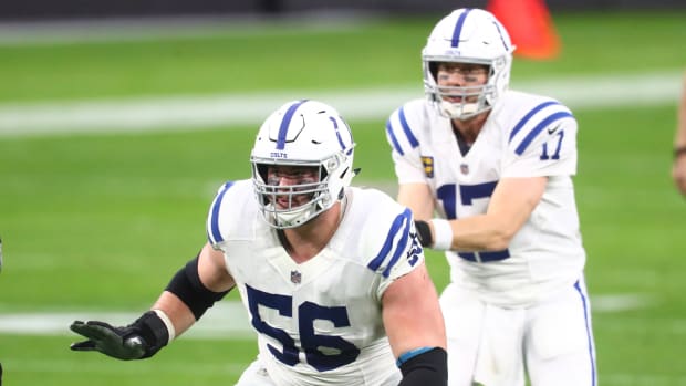 Indianapolis Colts left guard Quenton Nelson (56) blocks for quarterback Philip Rivers during a game at Las Vegas.